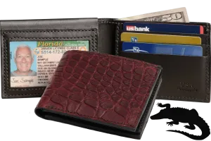 Burgundy Alligator Luxury Designer Exotic Bifold Wallet With Flip Up ID Window