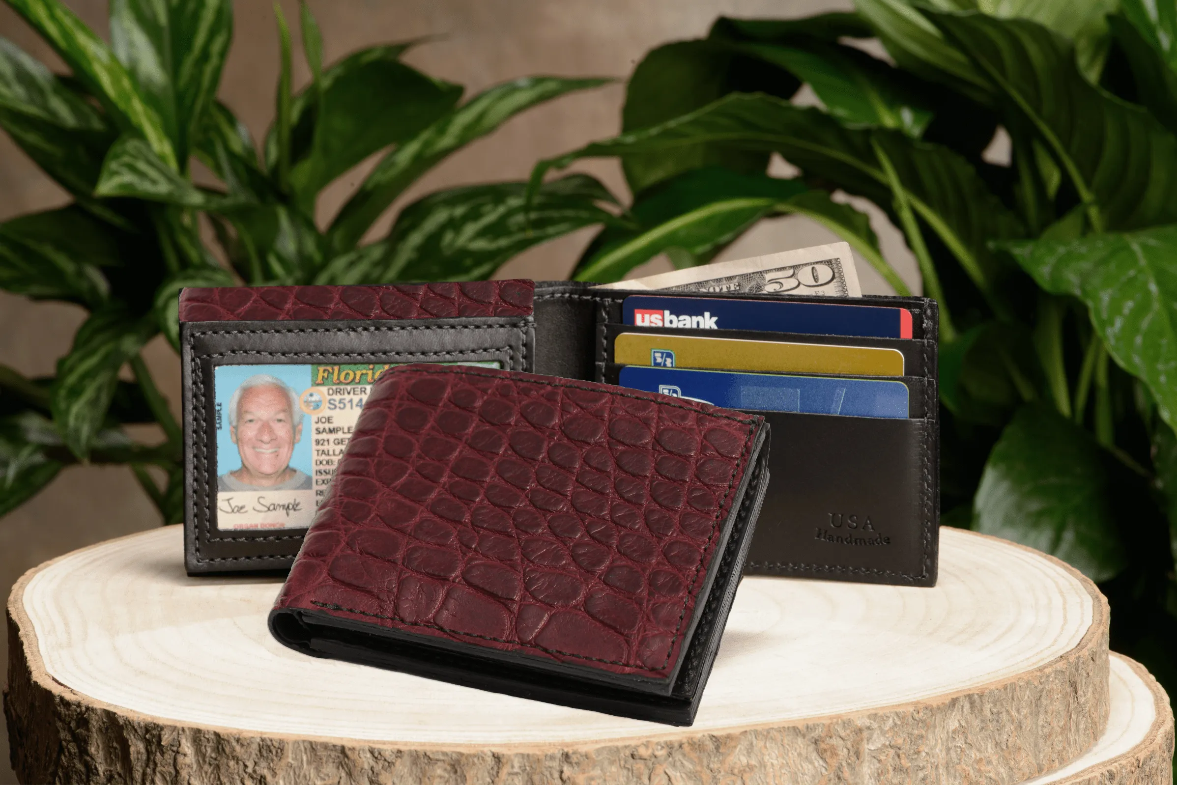 Burgundy Alligator Luxury Designer Exotic Bifold Wallet With Flip Up ID Window