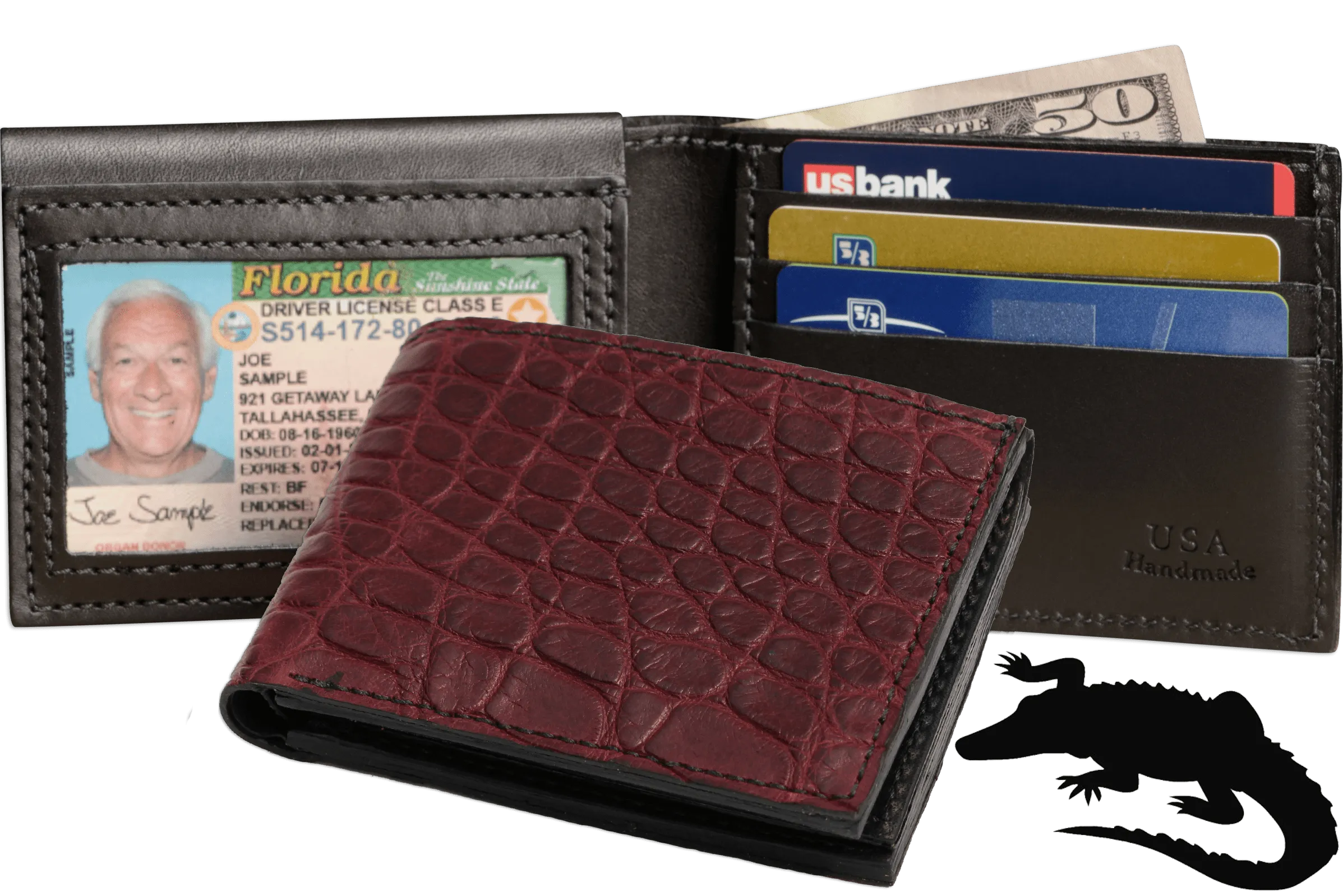 Burgundy Alligator Luxury Designer Exotic Bifold Wallet With Flip Up ID Window