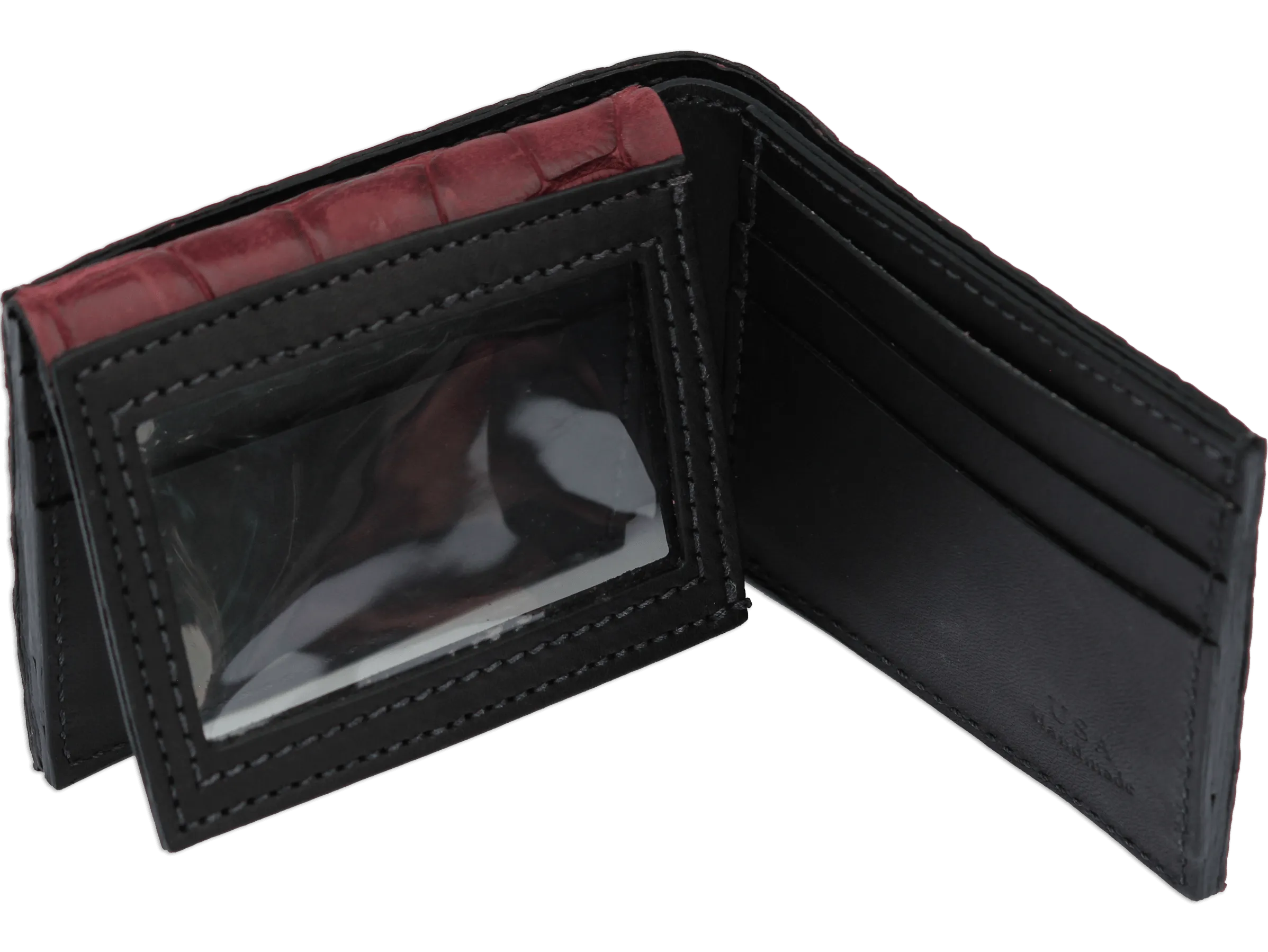 Burgundy Alligator Luxury Designer Exotic Bifold Wallet With Flip Up ID Window