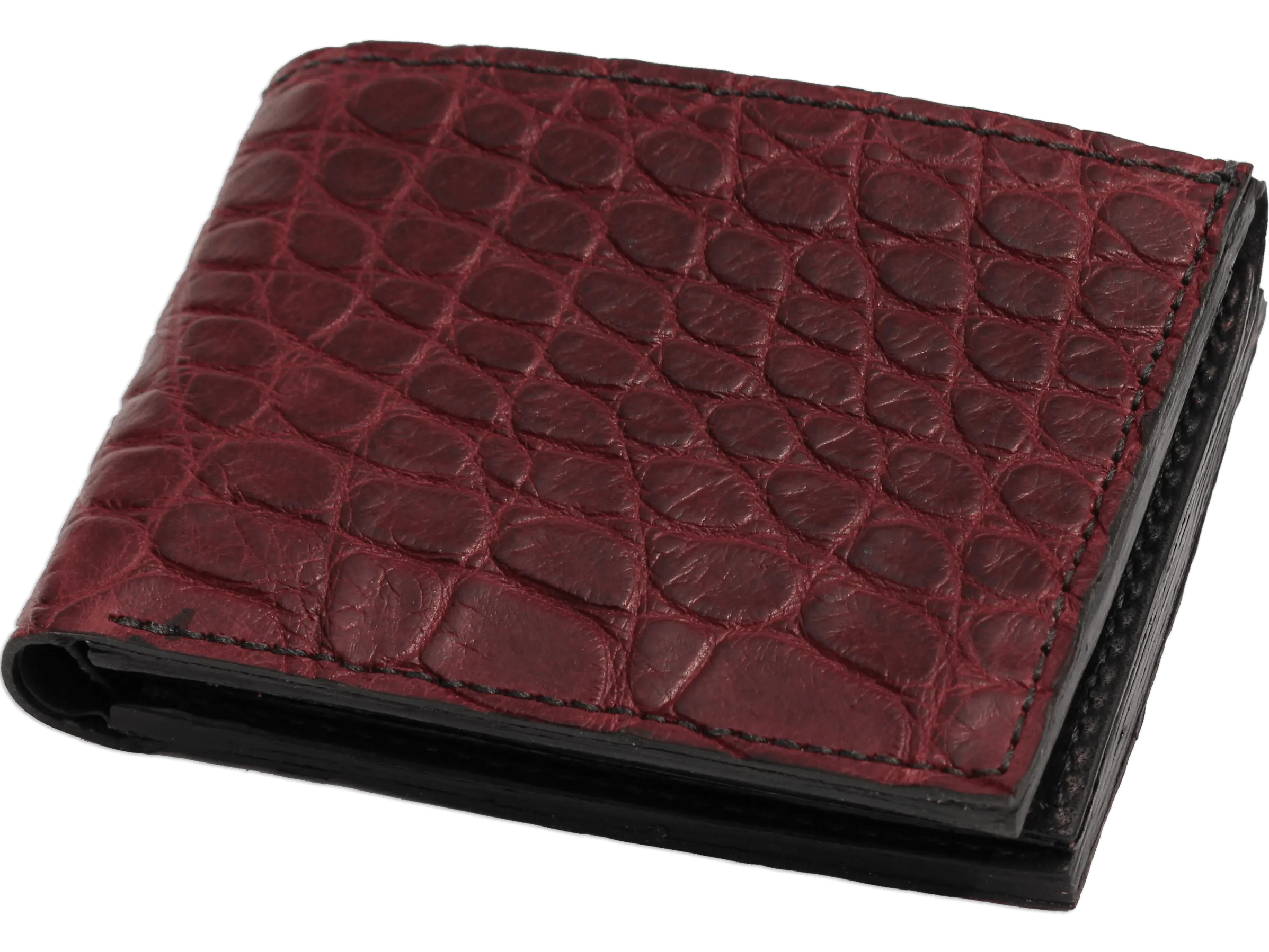 Burgundy Alligator Luxury Designer Exotic Bifold Wallet With Flip Up ID Window