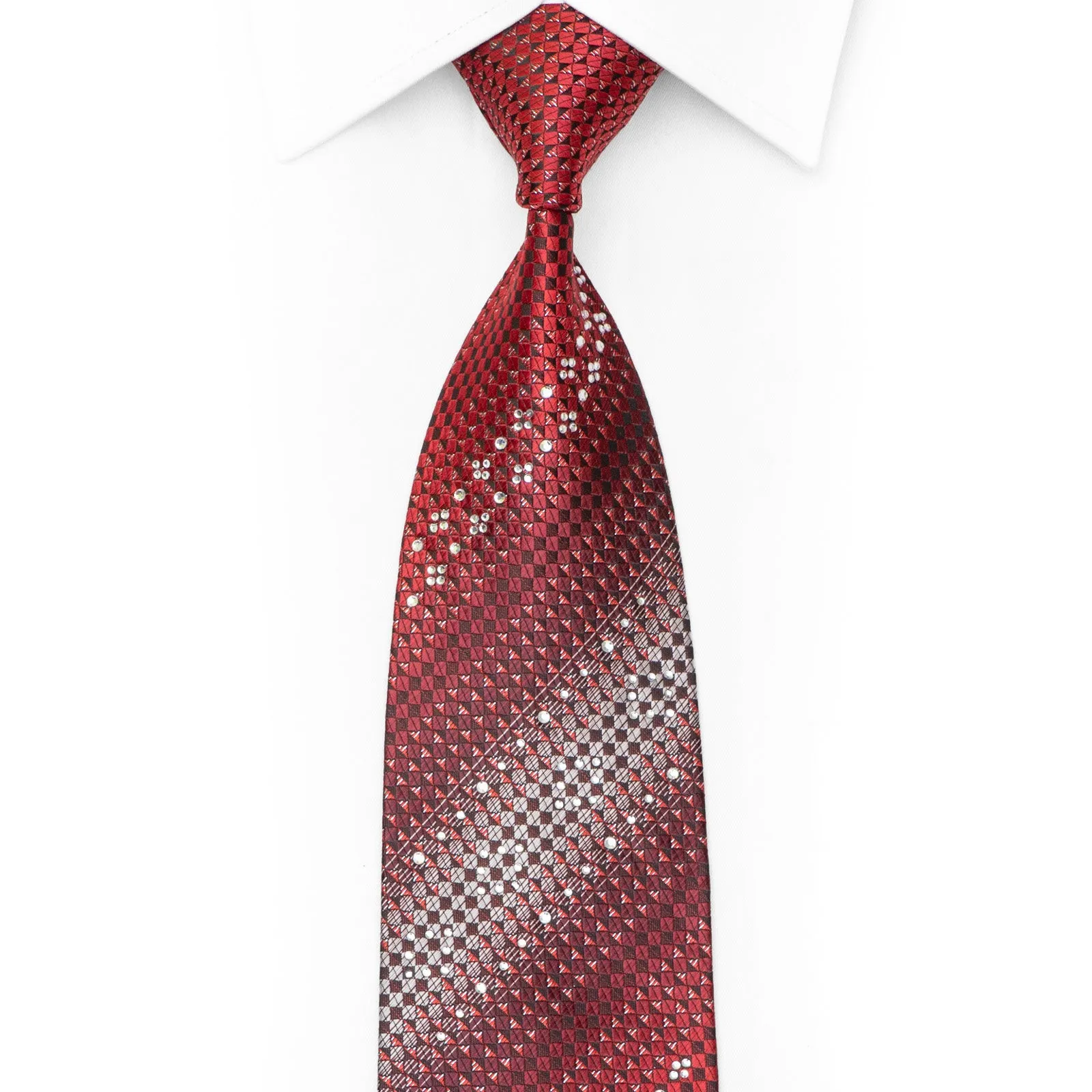 Burgundy Silver Black Checkered & Striped Rhinestone Tie With Silver Sparkles