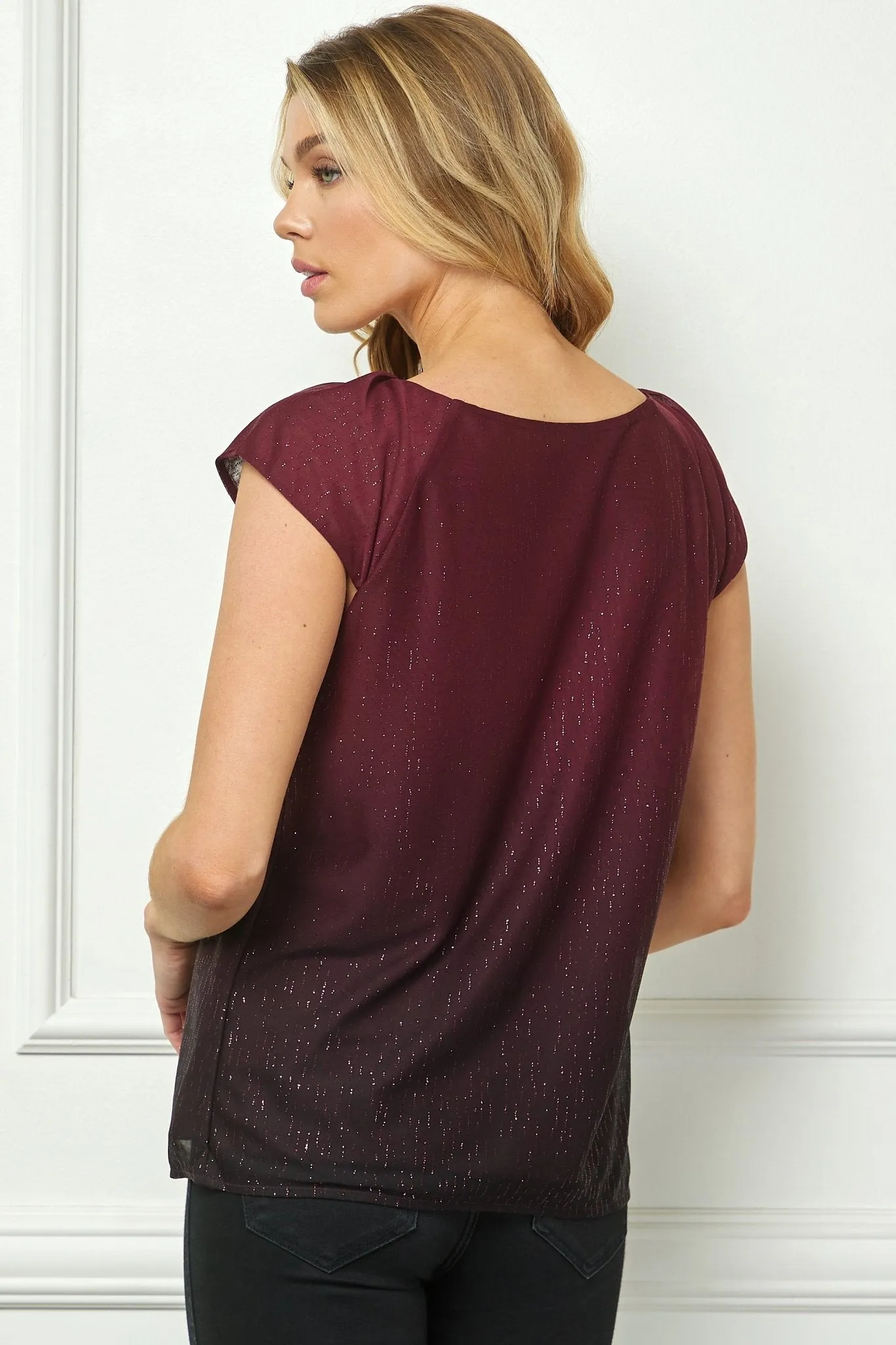 Cap Sleeve Pleat Scoop Neck Blouse, Burgundy