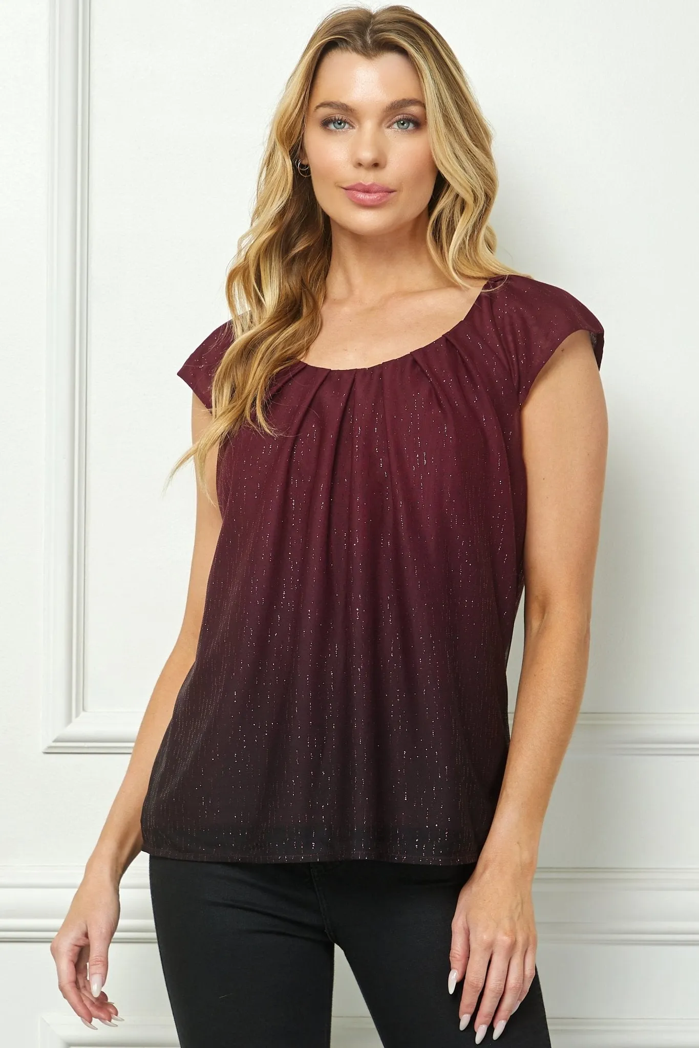 Cap Sleeve Pleat Scoop Neck Blouse, Burgundy