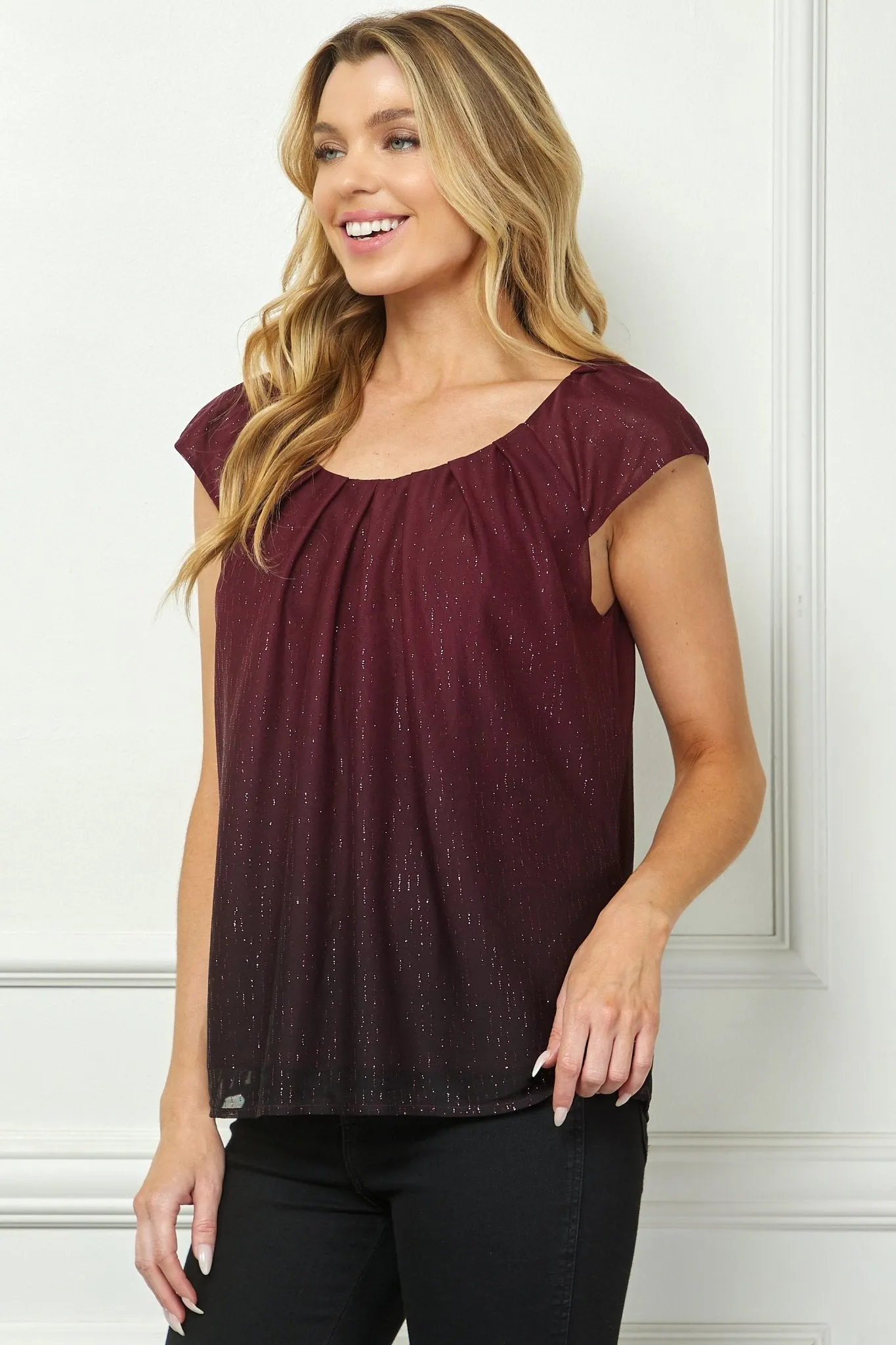 Cap Sleeve Pleat Scoop Neck Blouse, Burgundy