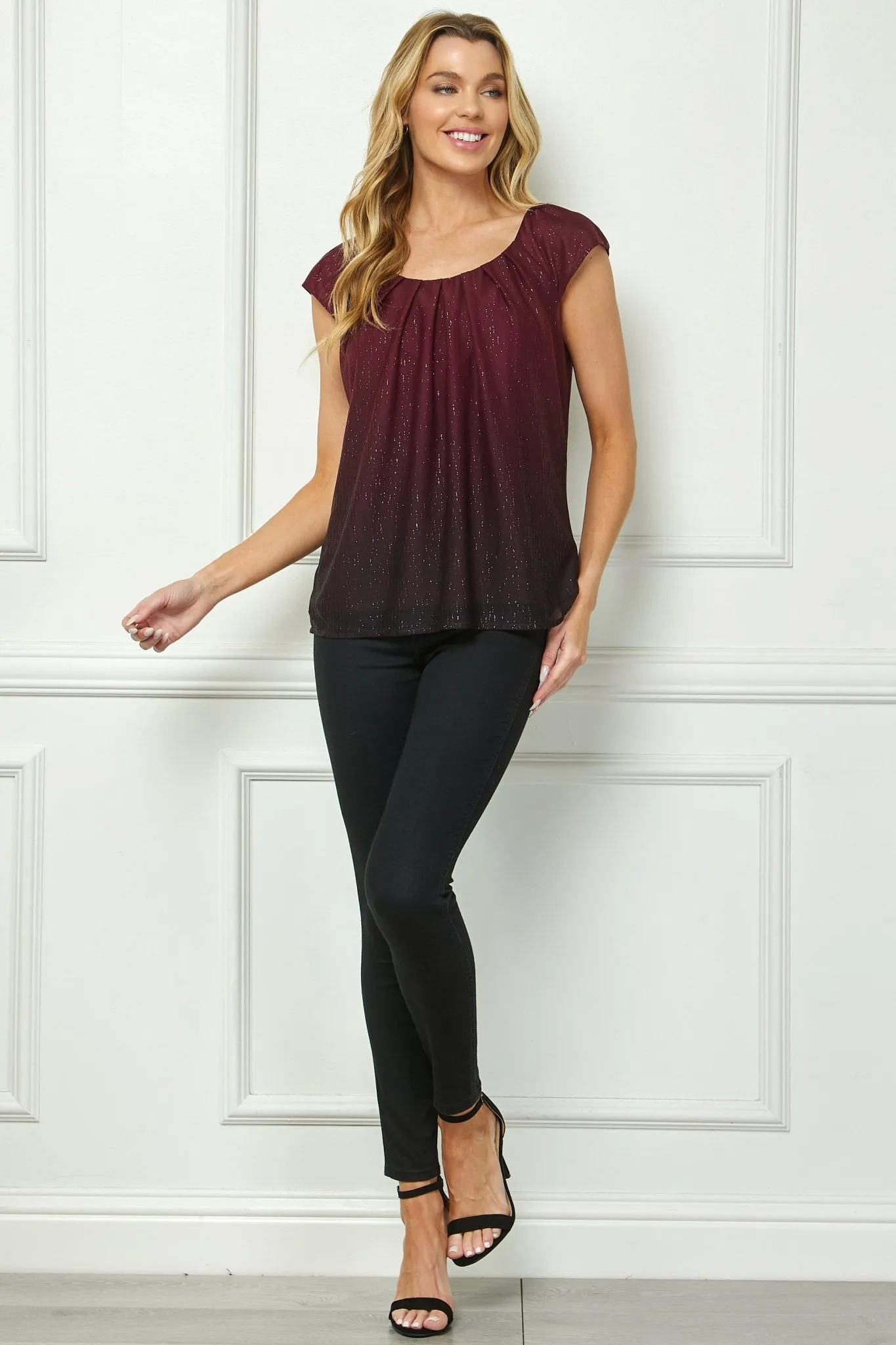 Cap Sleeve Pleat Scoop Neck Blouse, Burgundy