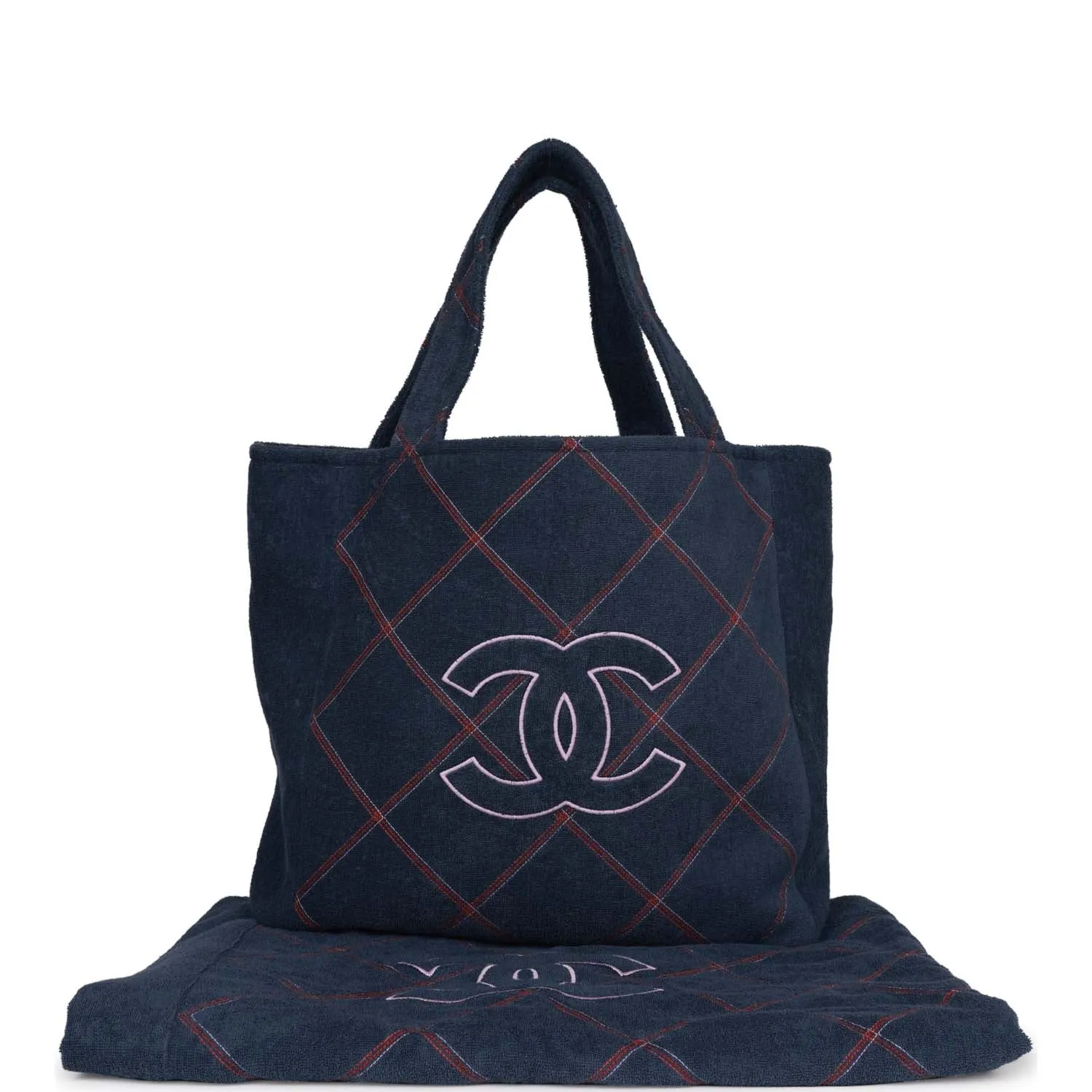 Chanel Coco Beach Tote Navy Terry Cloth with Towel/Pouch