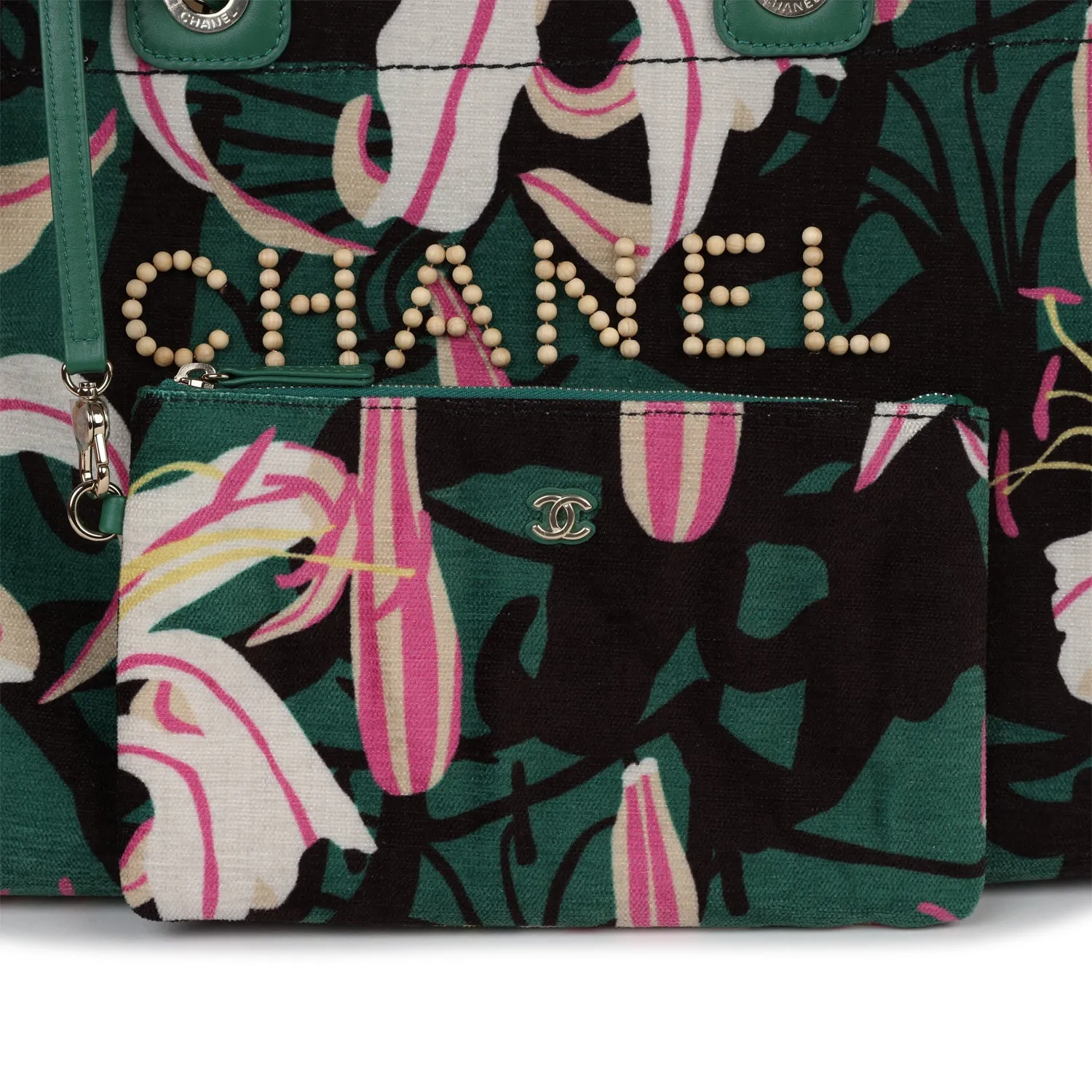 Chanel Small Deauville Shopping Bag Green and Pink Tropical Floral Velvet Light Gold Hardware