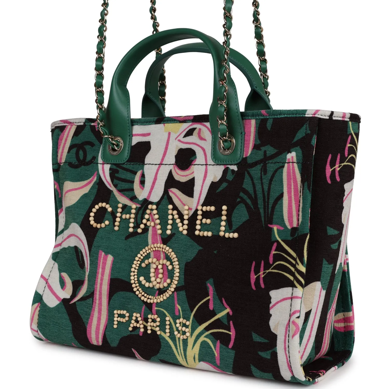 Chanel Small Deauville Shopping Bag Green and Pink Tropical Floral Velvet Light Gold Hardware