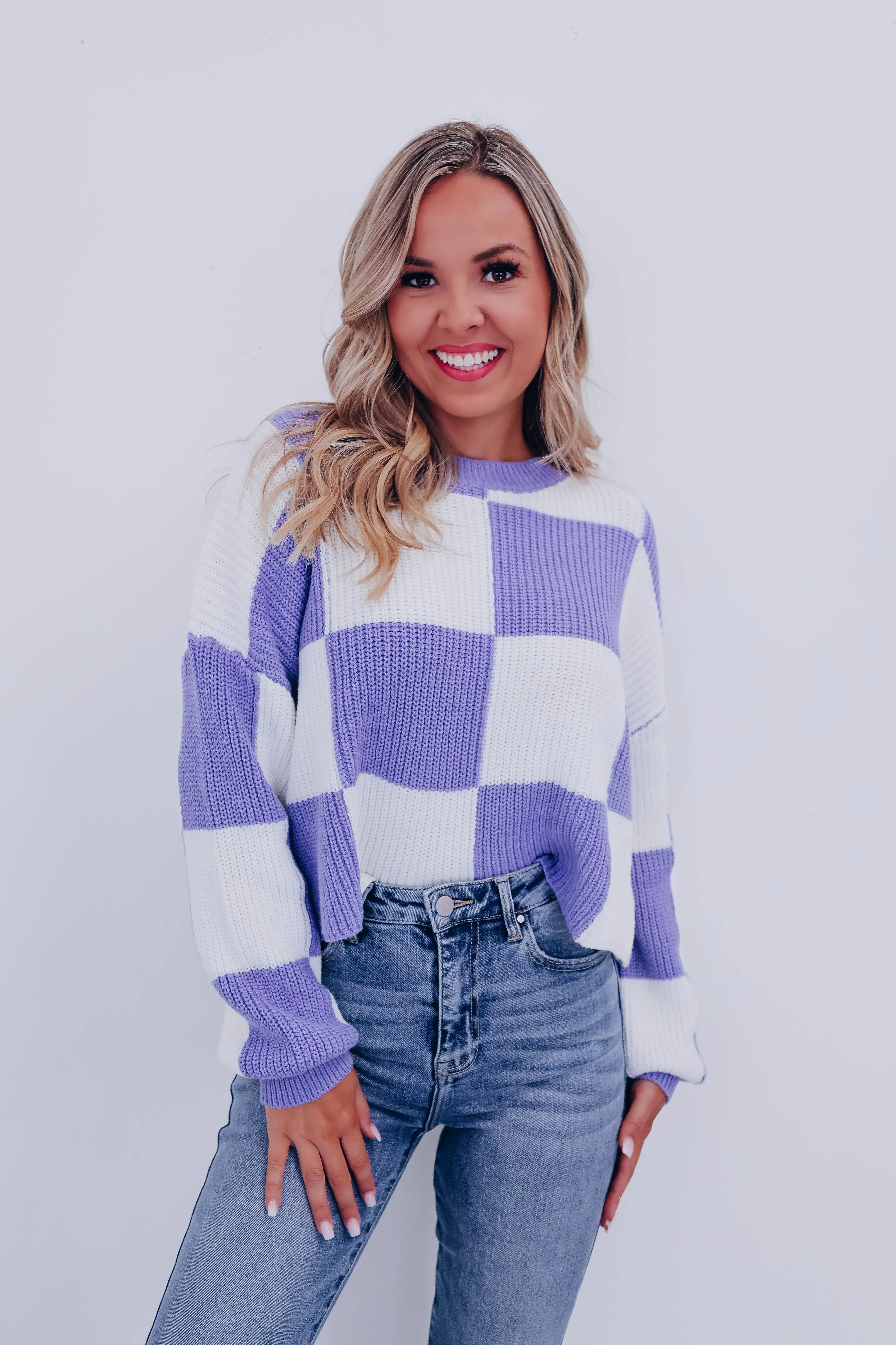 Charming Checkered Cropped Sweater - Lavender