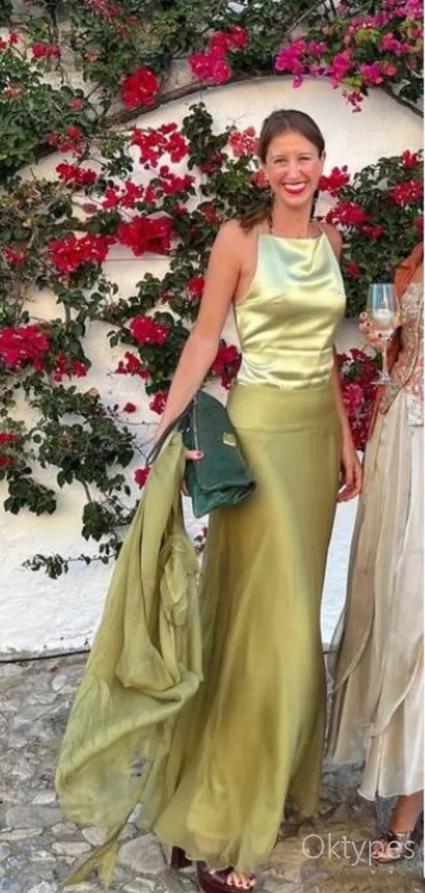 Charming Grass Green Satin Halter Floor-Length Women Prom Dresses PDS1251