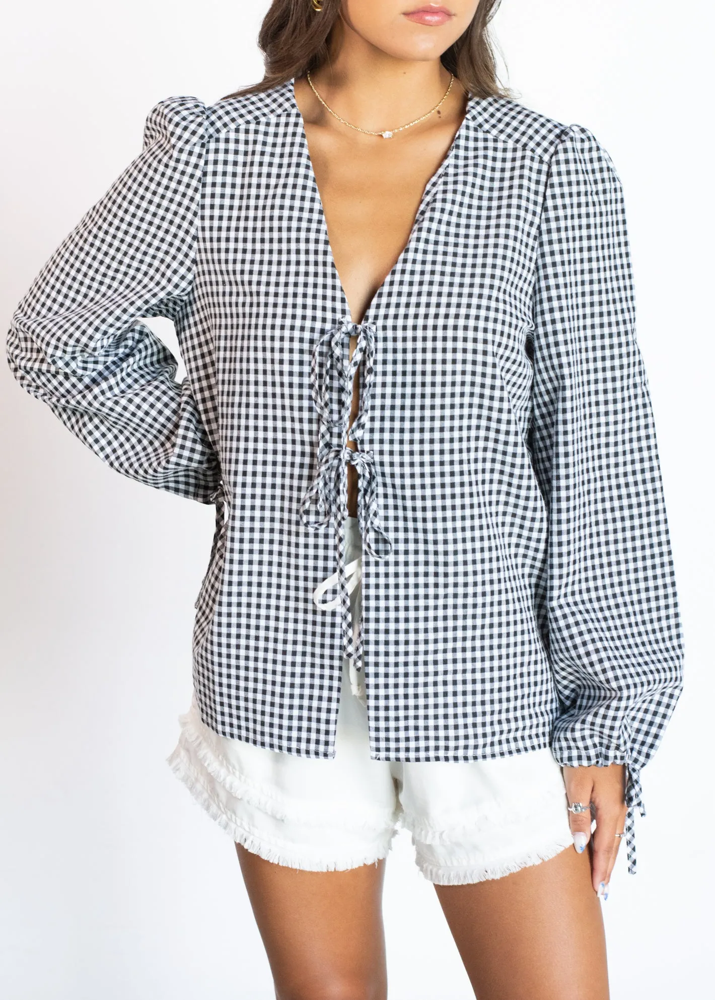 Charming Mentality Black Gingham Tie Top