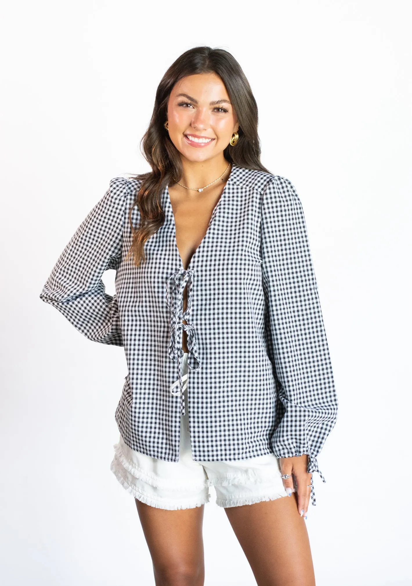 Charming Mentality Black Gingham Tie Top