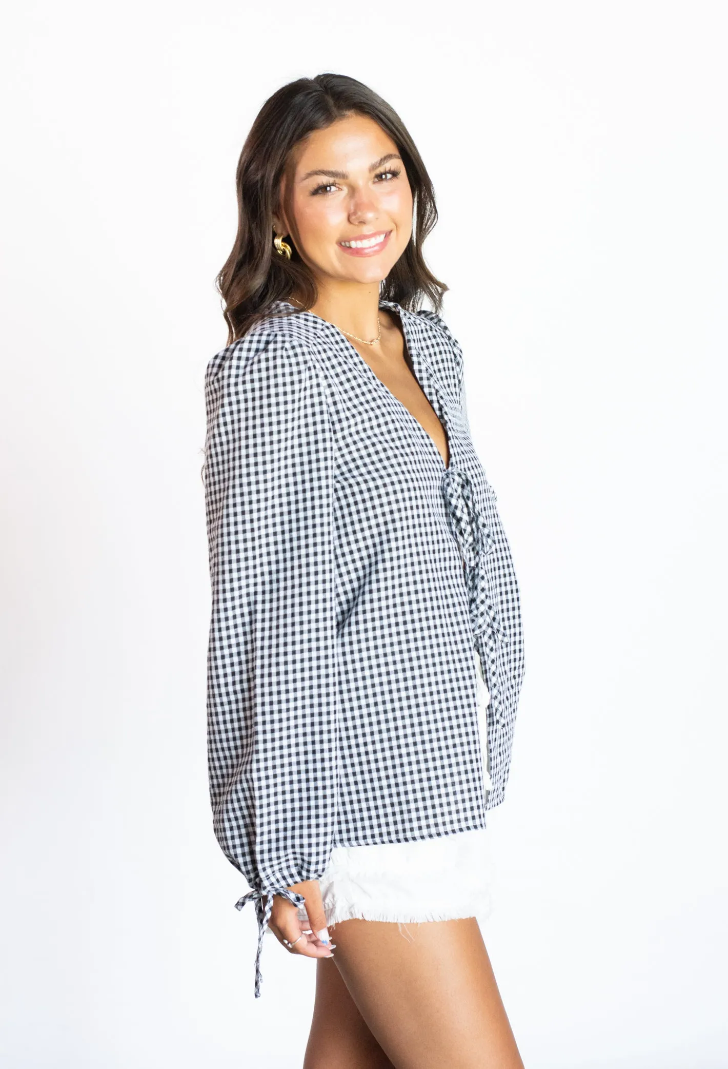 Charming Mentality Black Gingham Tie Top