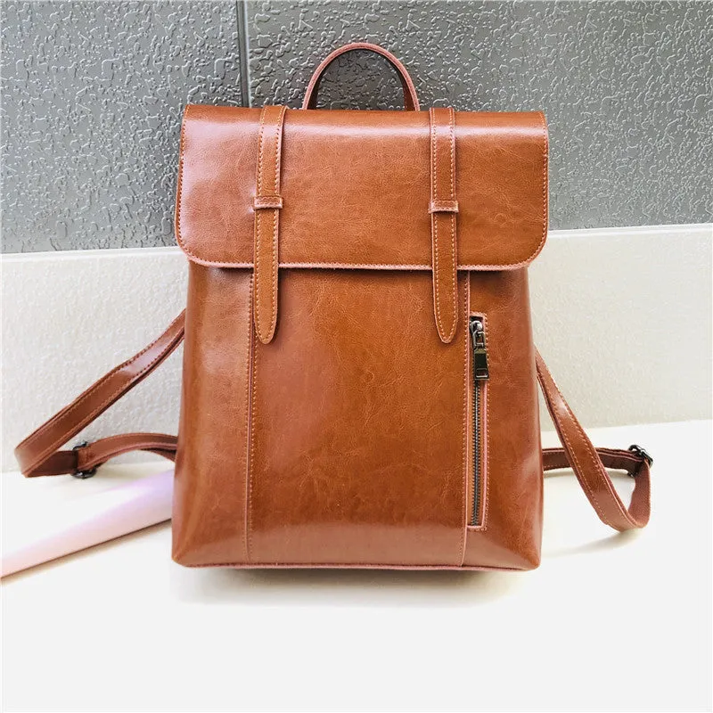 Coffee Zipper Leather Backpack for Women