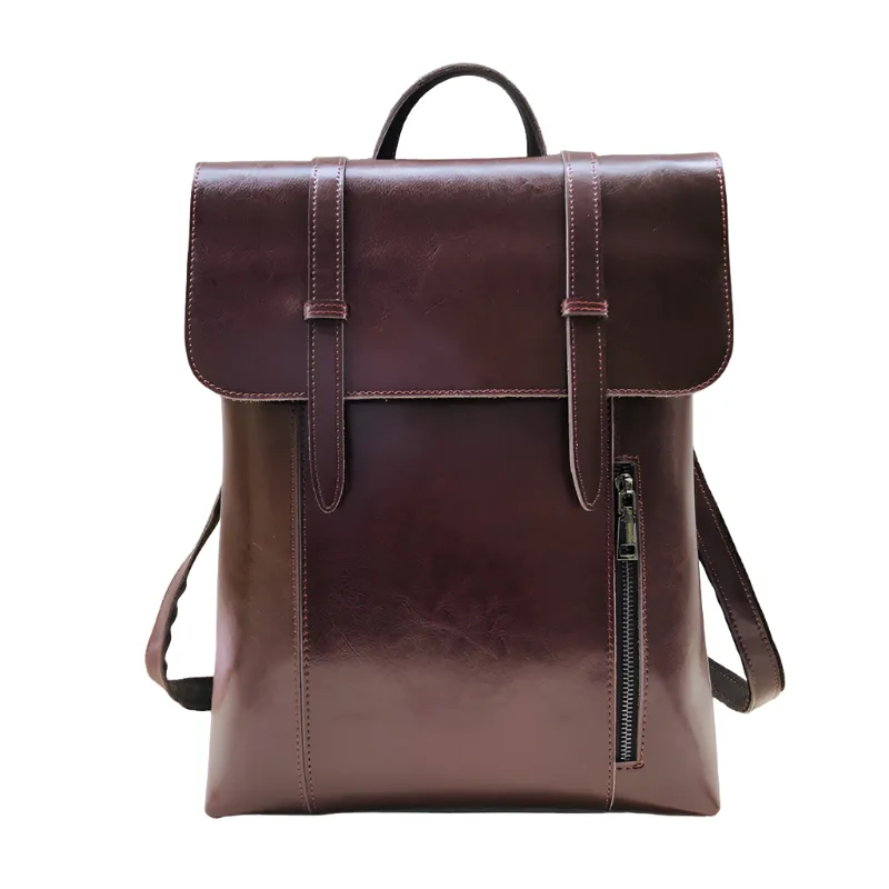 Coffee Zipper Leather Backpack for Women