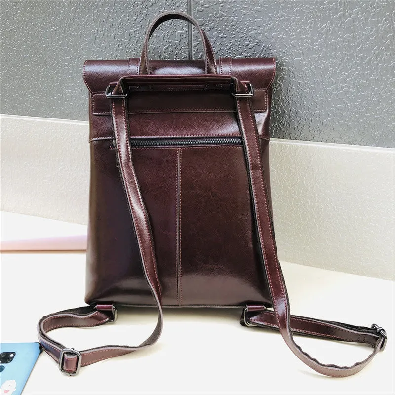 Coffee Zipper Leather Backpack for Women