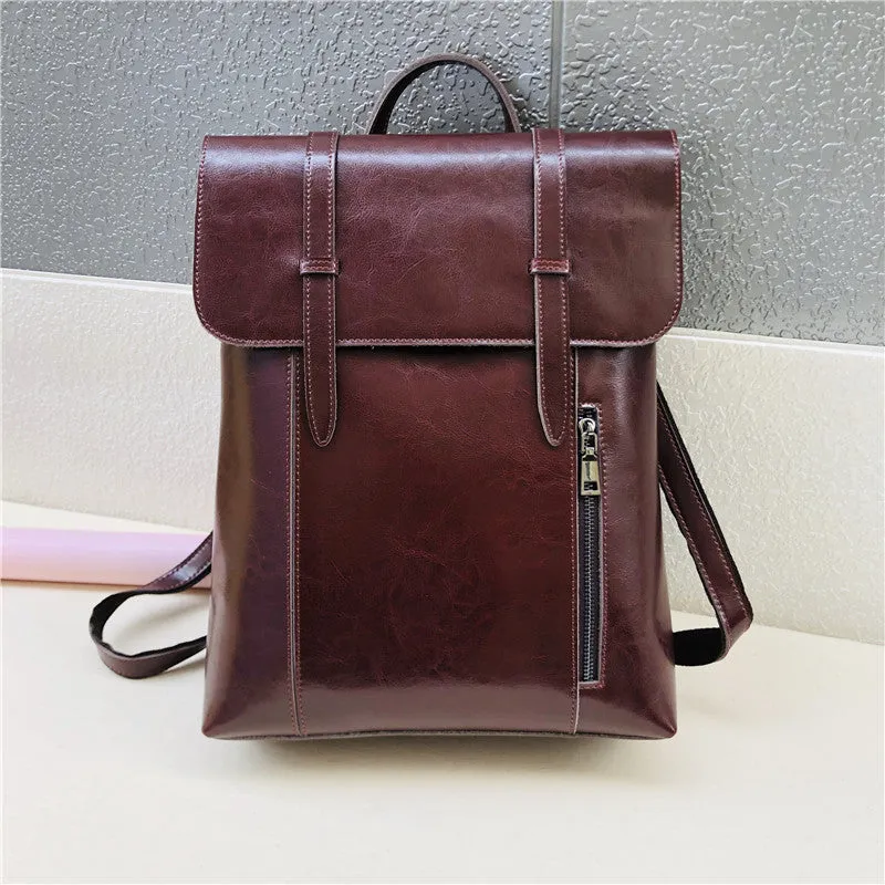 Coffee Zipper Leather Backpack for Women