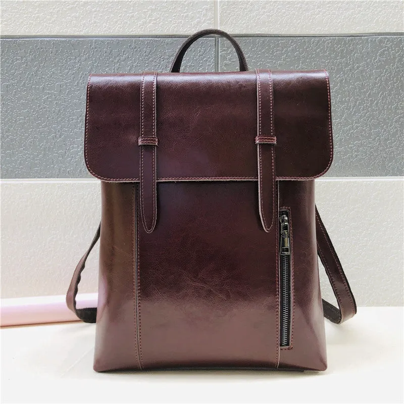 Coffee Zipper Leather Backpack for Women