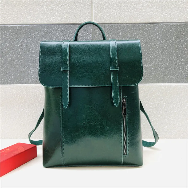 Coffee Zipper Leather Backpack for Women