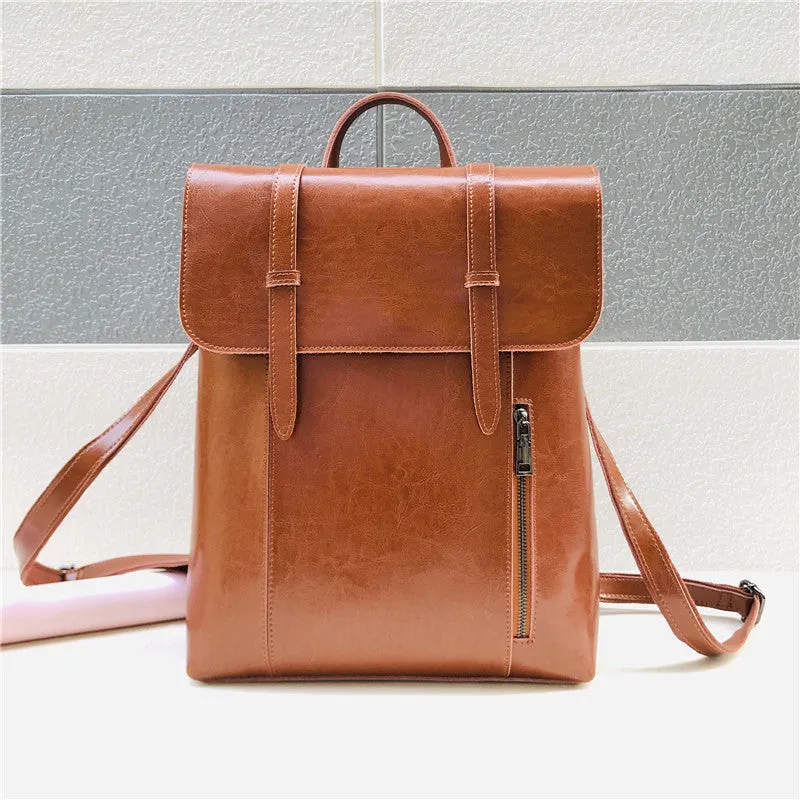 Coffee Zipper Leather Backpack for Women