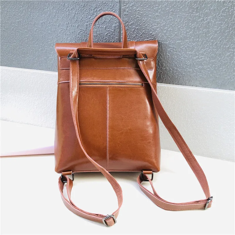 Coffee Zipper Leather Backpack for Women