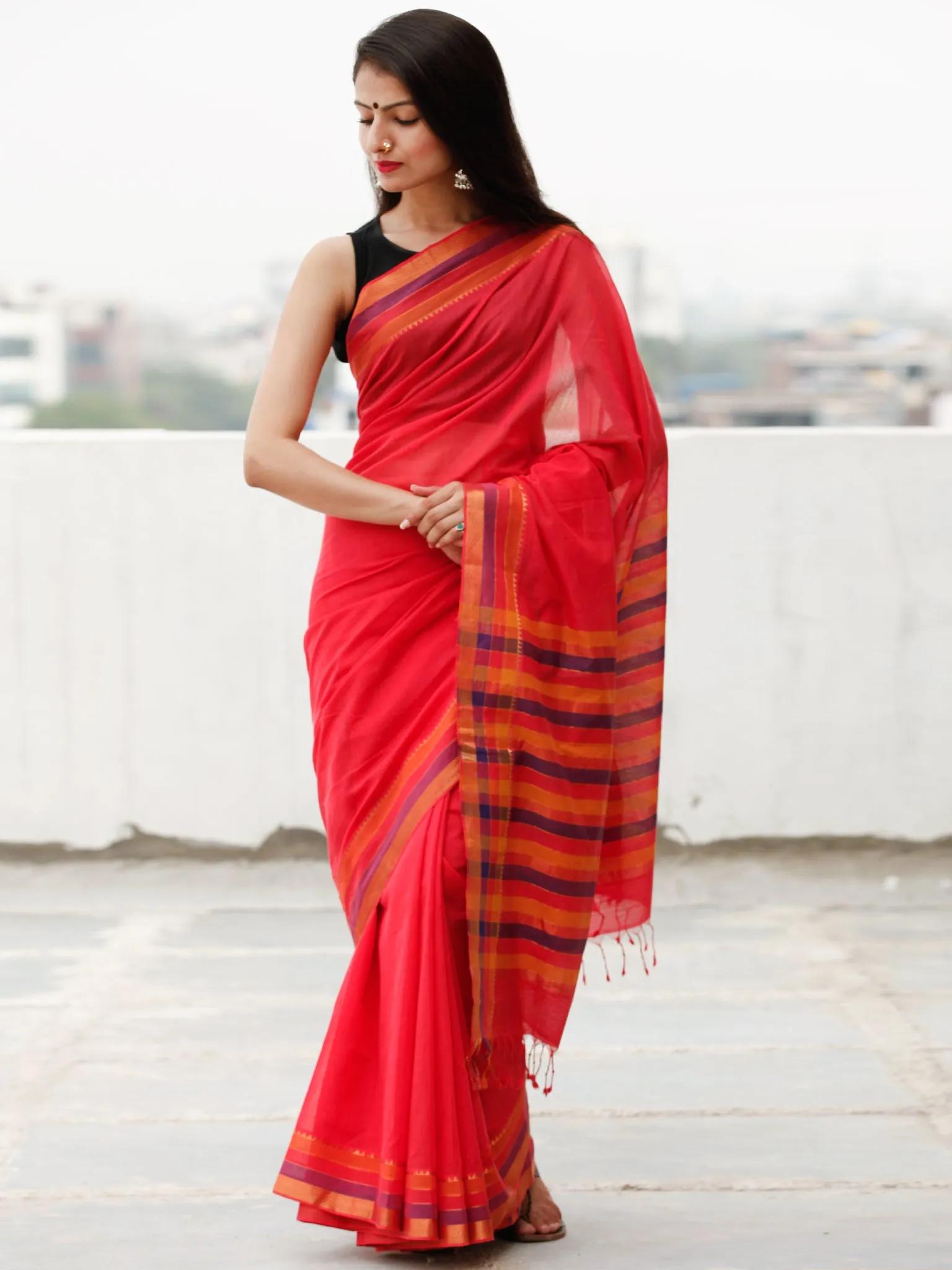 Coral Purple Orange Handloom Mangalagiri Cotton Saree With Zari Border - S031703862