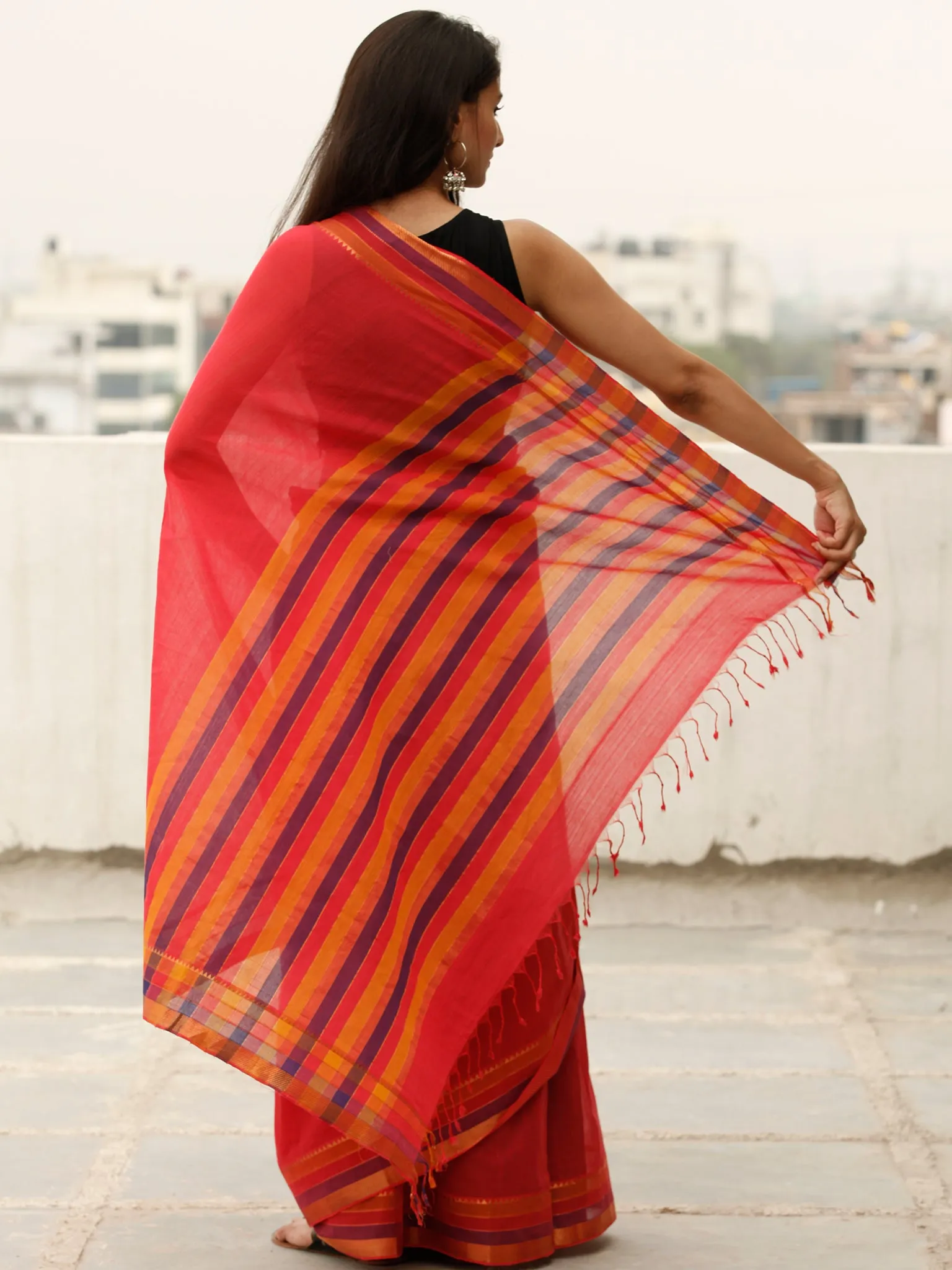 Coral Purple Orange Handloom Mangalagiri Cotton Saree With Zari Border - S031703862