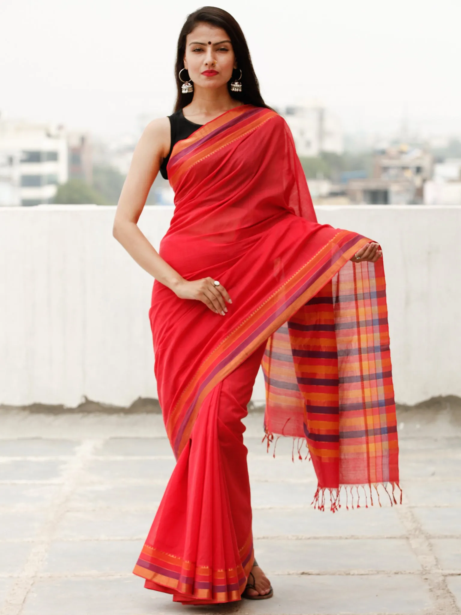 Coral Purple Orange Handloom Mangalagiri Cotton Saree With Zari Border - S031703862