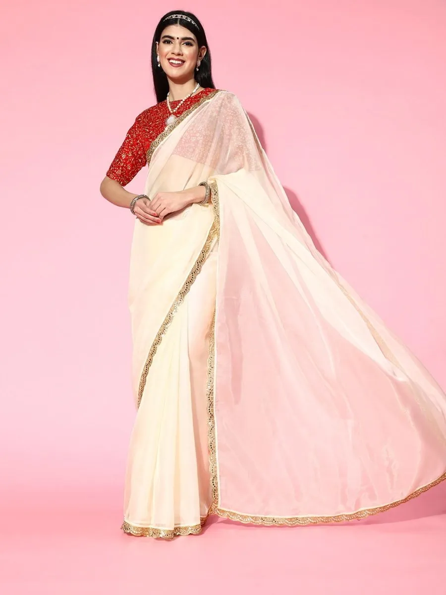 Cream Organza Saree with Blouse Piece