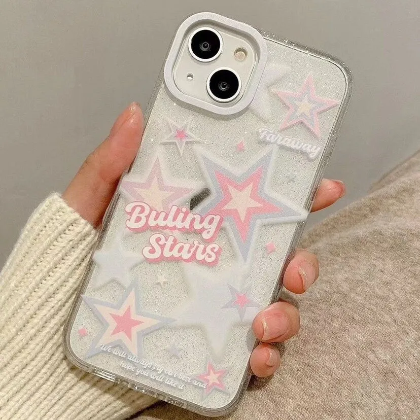 Cute Clear White and Pink Stars with Bubble Letters Artbook Design Protective Shockproof iPhone Case for iPhone 11 12 13 14 Pro Max Case