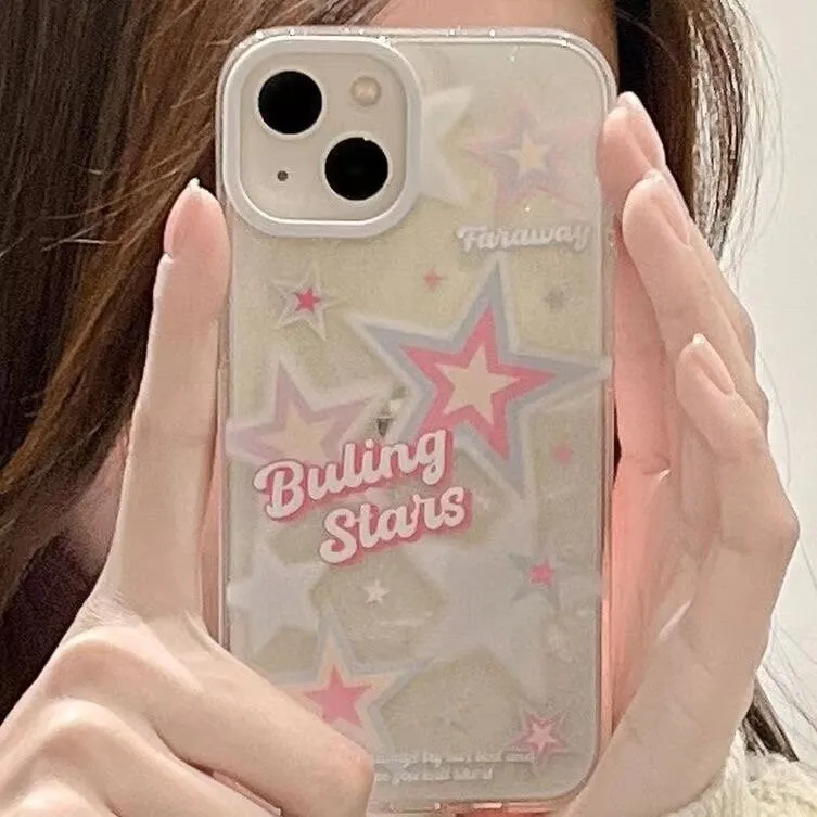 Cute Clear White and Pink Stars with Bubble Letters Artbook Design Protective Shockproof iPhone Case for iPhone 11 12 13 14 Pro Max Case