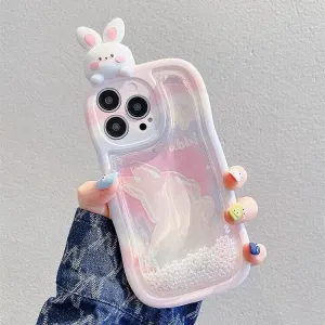 Cute Kawaii Pink & White Bunny Liquid Glitter Design Protective Thick Bulky Shockproof iPhone Case for iPhone 11 12 13 14 15 Pro Max Case