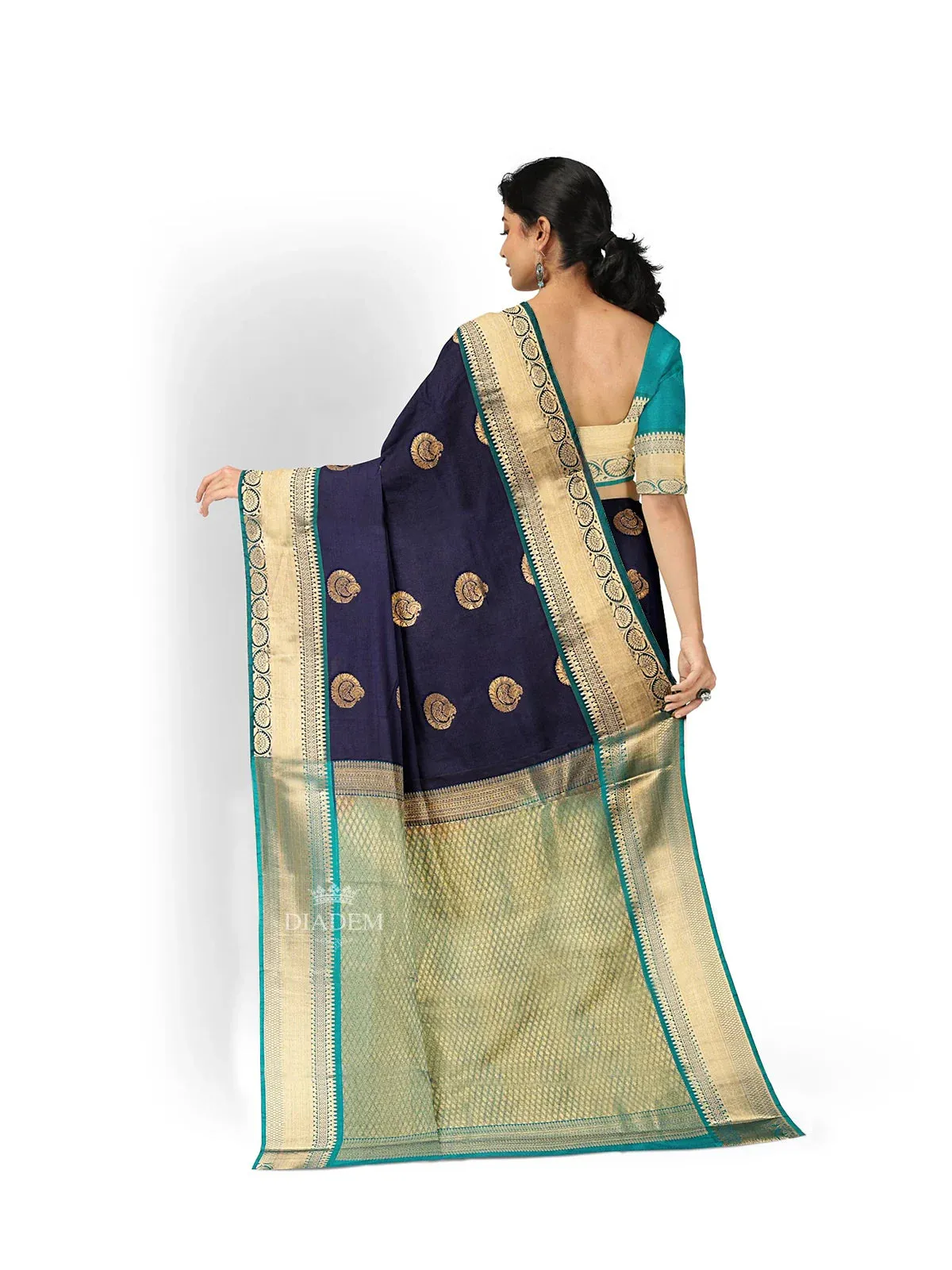 Dark Blue Art Silk Saree with Zari Butta on the Body and Contrast Zari Border