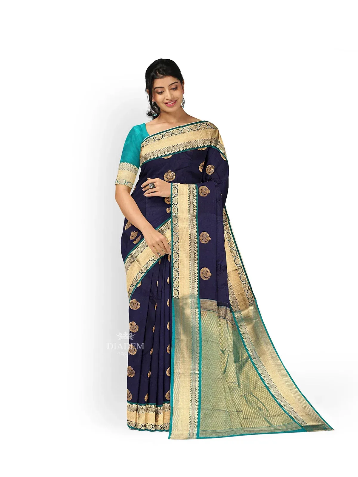 Dark Blue Art Silk Saree with Zari Butta on the Body and Contrast Zari Border