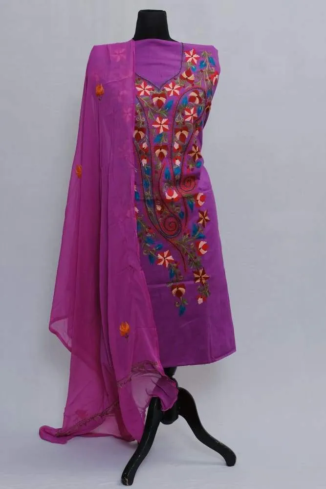 Dark Purple Neckline Patterned Kashmiri Salwar Kameez On Cambric Cotton Material With Dupatta