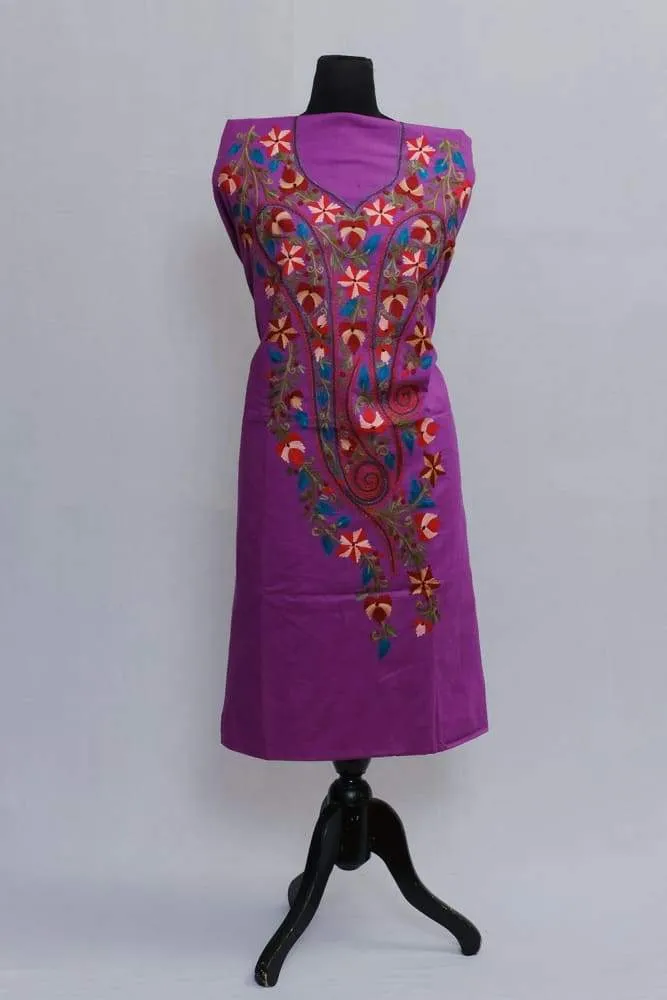 Dark Purple Neckline Patterned Kashmiri Salwar Kameez On Cambric Cotton Material With Dupatta