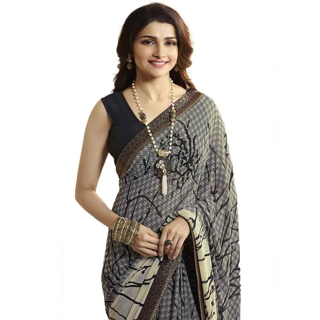 Dazzling Gray Casual Printed Georgette Saree