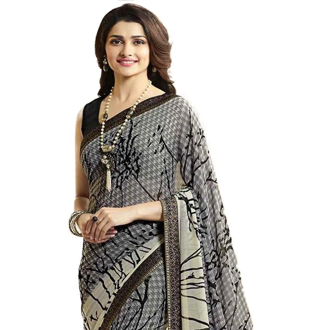 Dazzling Gray Casual Printed Georgette Saree