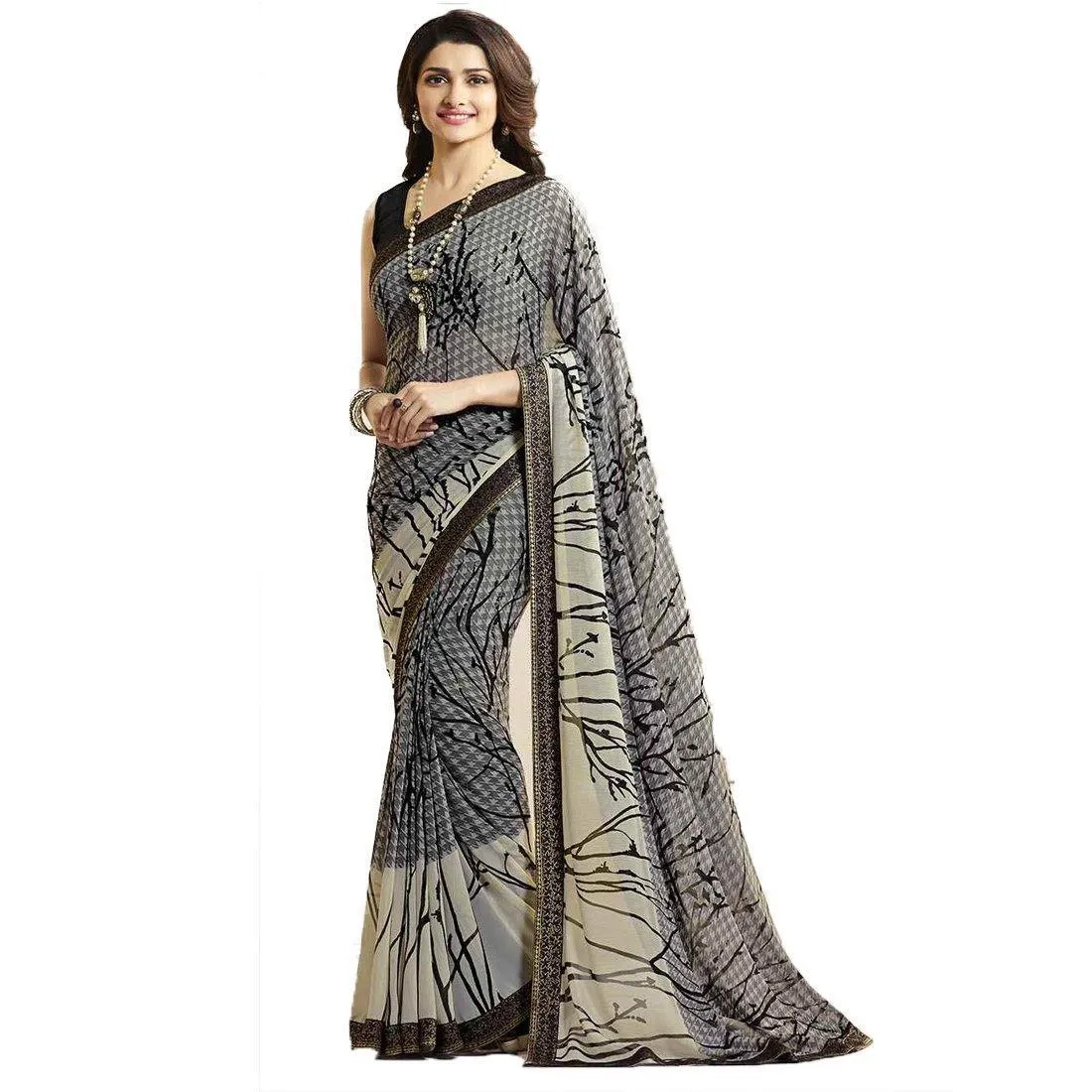 Dazzling Gray Casual Printed Georgette Saree