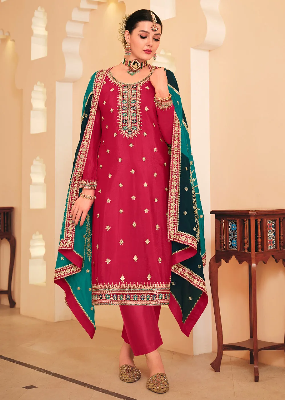 Dazzling Red Embroidered Chinnon Pant Style Salwar Kurta