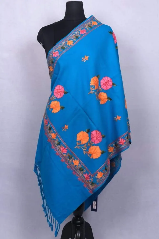 Elegant Azure Blue Colour Kashmiri Aari Work Stole Enriched With Chinar Pattern