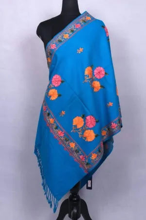 Elegant Azure Blue Colour Kashmiri Aari Work Stole Enriched With Chinar Pattern