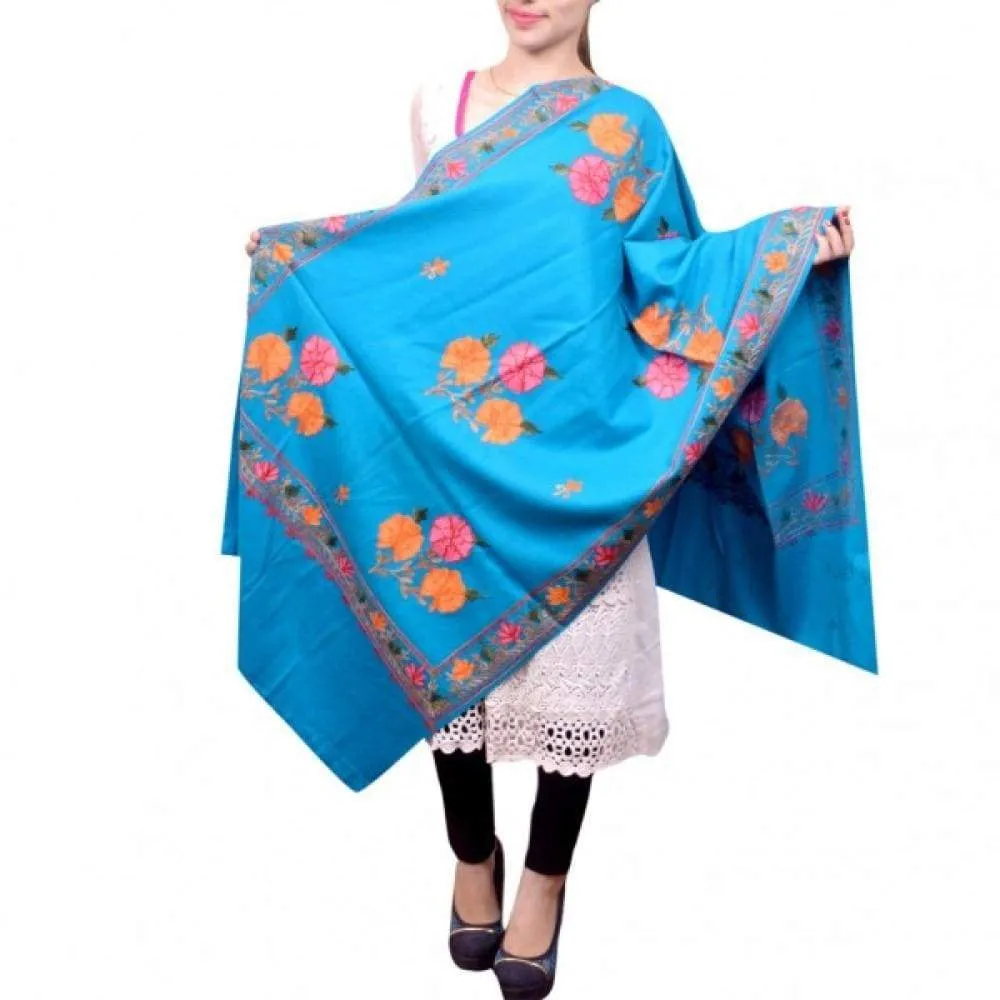 Elegant Azure Blue Colour Kashmiri Aari Work Stole Enriched With Chinar Pattern