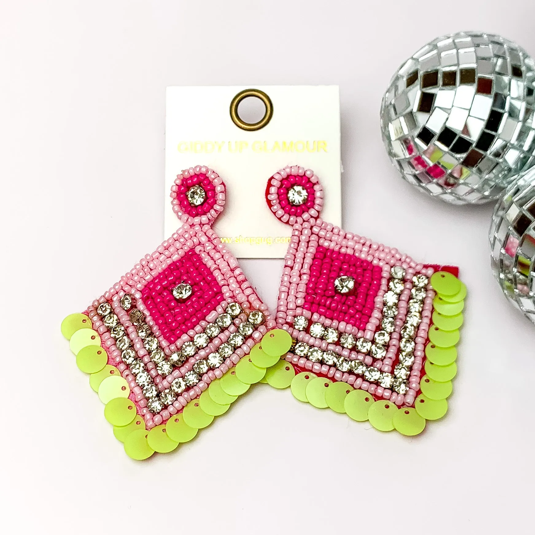 Fashionista Diamond Shaped Beaded Earrings in Pink, and Green