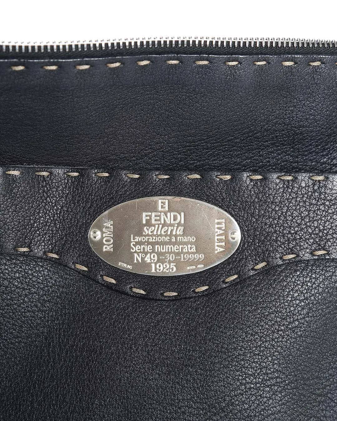 FENDI Black Pebbled Leather With Canvas Strap Medium Crossbody Bag