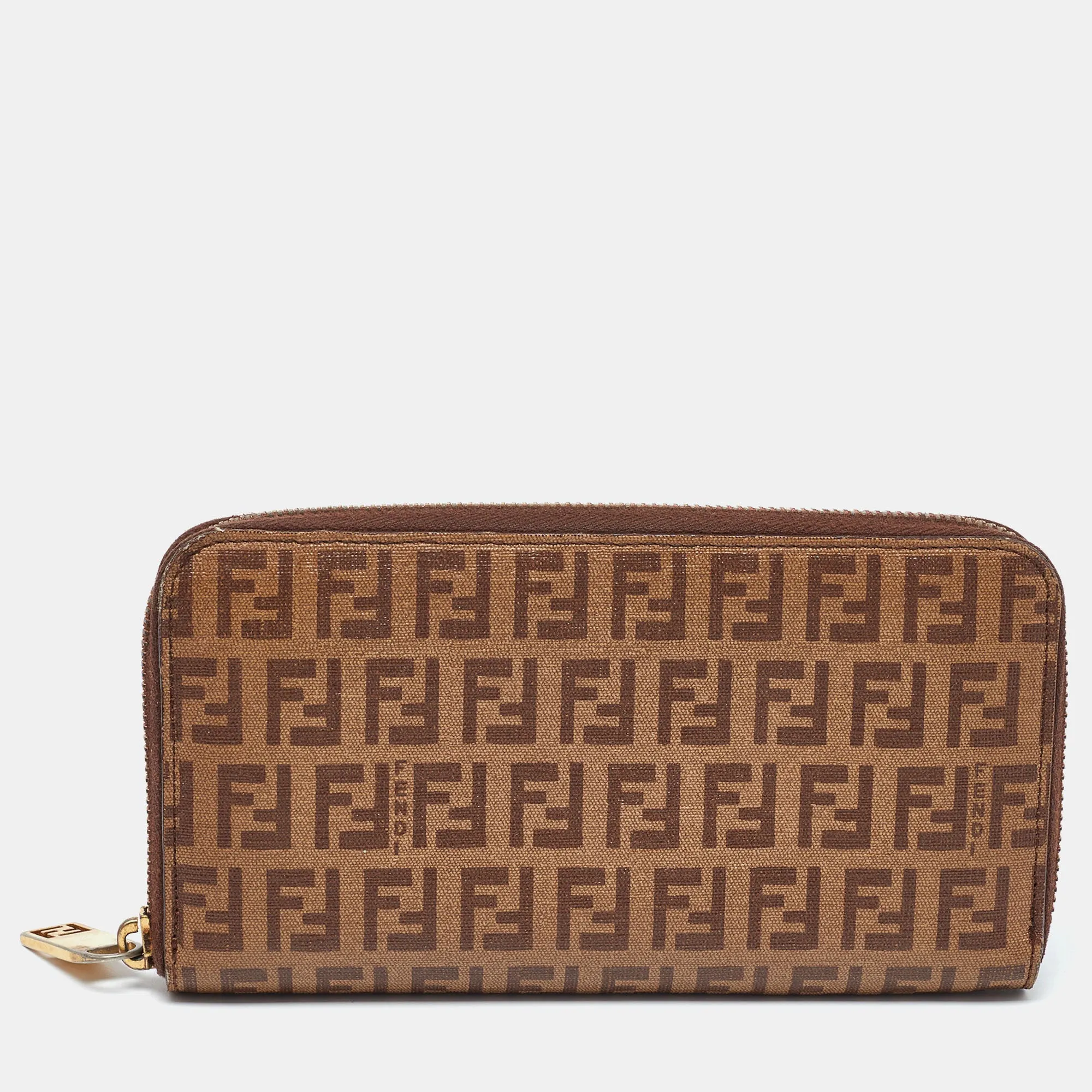 Fendi Brown/beige Zucchino Coated Canvas Zip Around Wallet