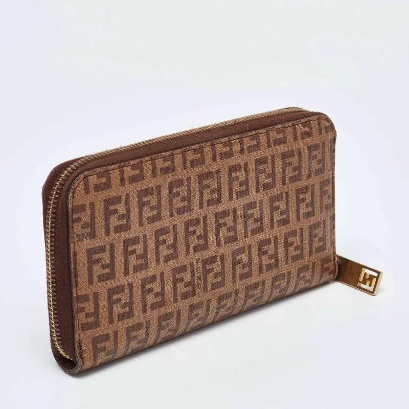 Fendi Brown/beige Zucchino Coated Canvas Zip Around Wallet