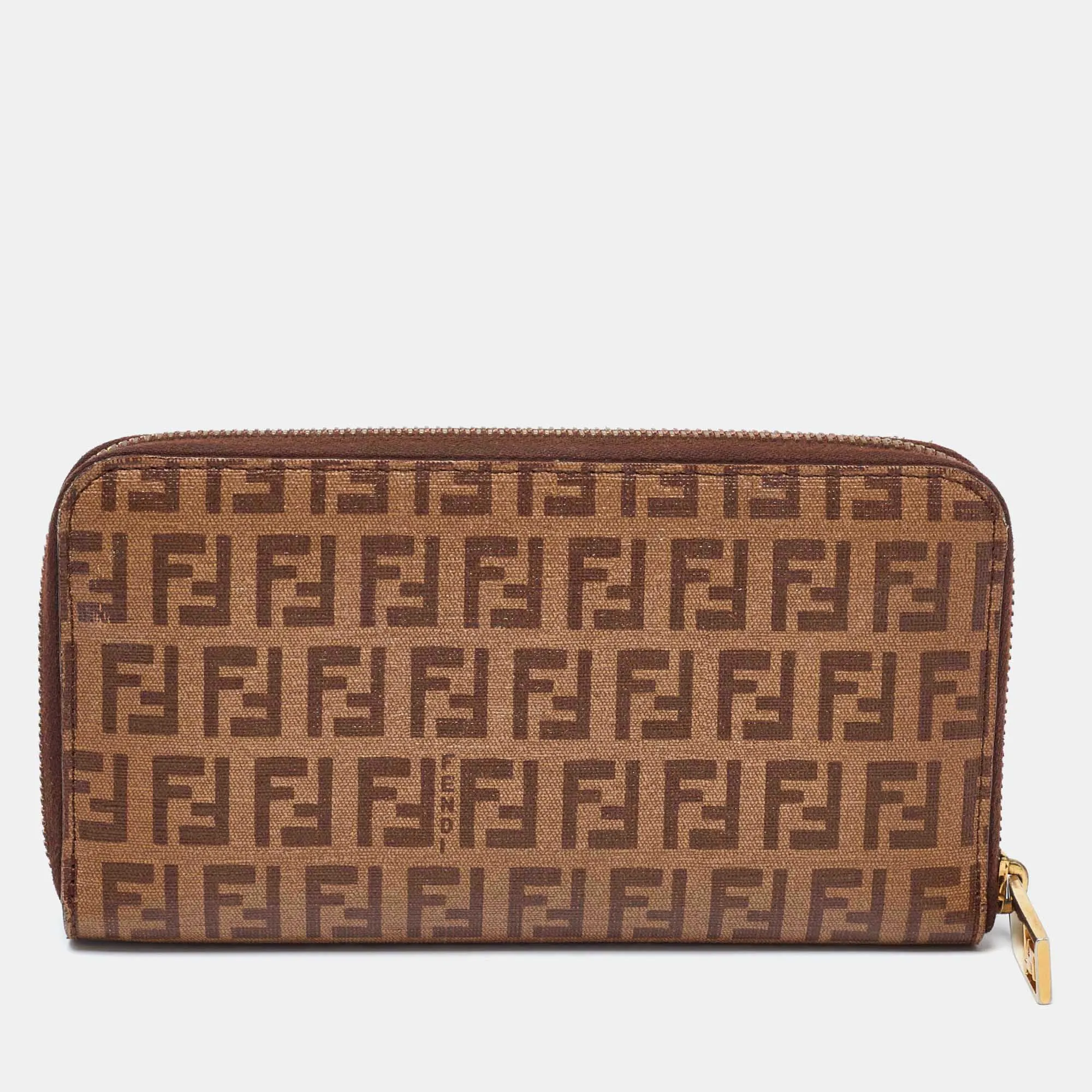 Fendi Brown/beige Zucchino Coated Canvas Zip Around Wallet