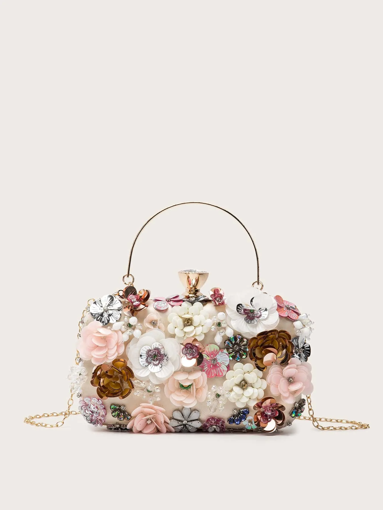 Floral Appliques Chain Clutch Bag